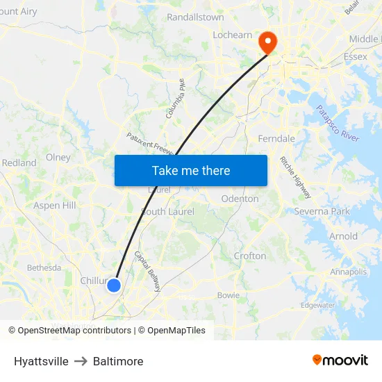 Hyattsville to Baltimore map