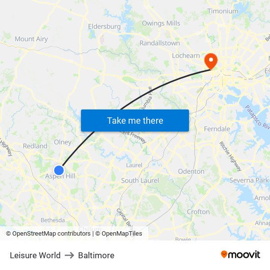 Leisure World to Baltimore map