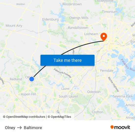 Olney to Baltimore map