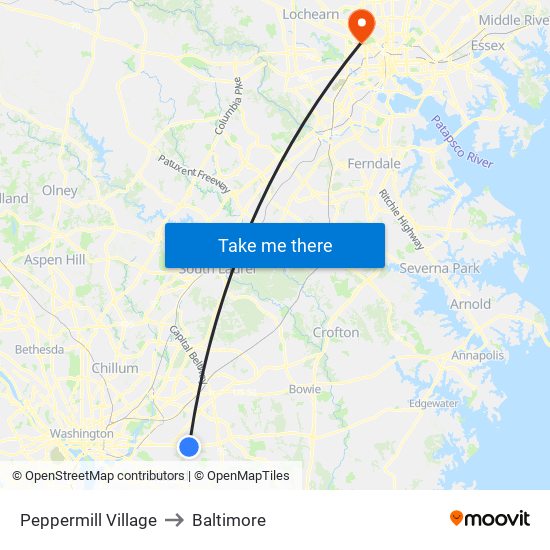 Peppermill Village to Baltimore map