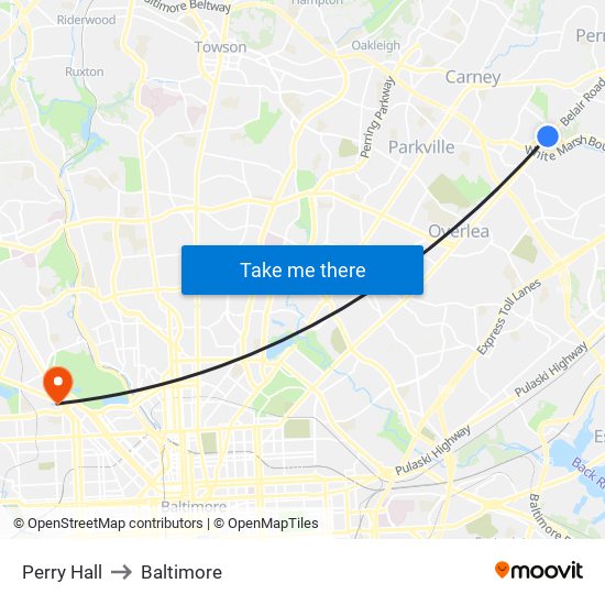 Perry Hall to Baltimore map