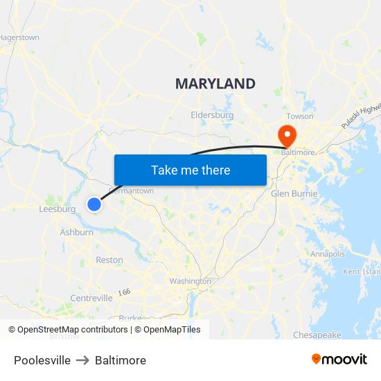 Poolesville to Baltimore map