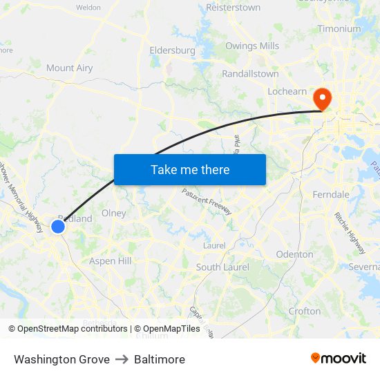 Washington Grove to Baltimore map