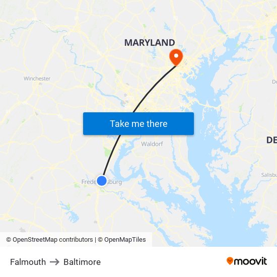 Falmouth to Baltimore map