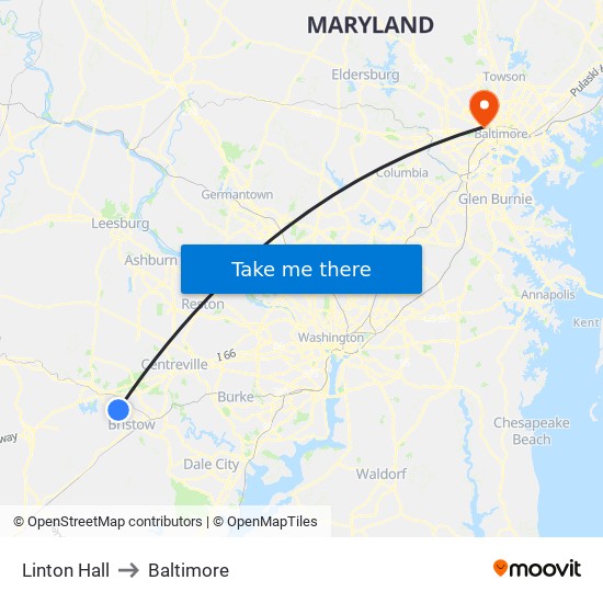 Linton Hall to Baltimore map