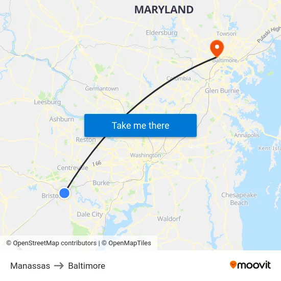 Manassas to Baltimore map