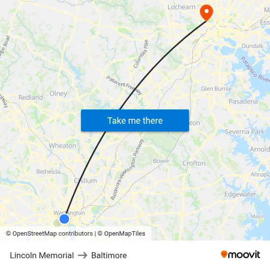 Lincoln Memorial to Baltimore map