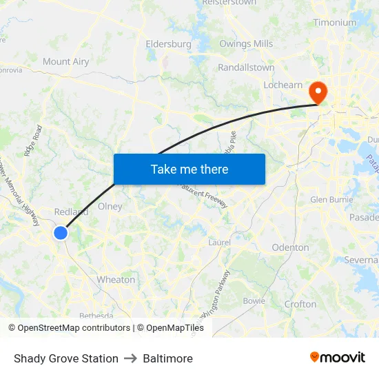 Shady Grove Station to Baltimore map