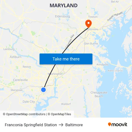 Franconia Springfield Station to Baltimore map