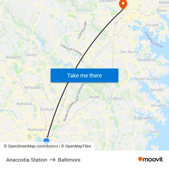 Anacostia Station to Baltimore map