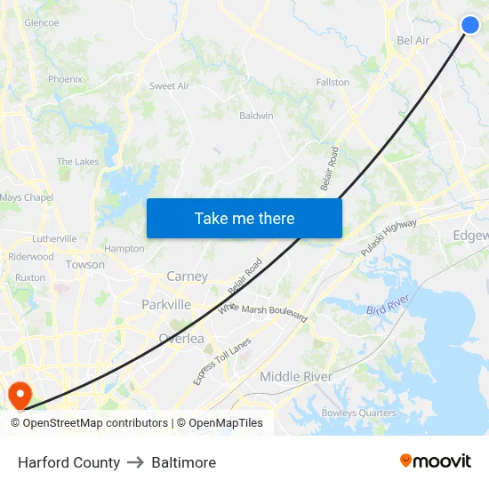 Harford County to Baltimore map