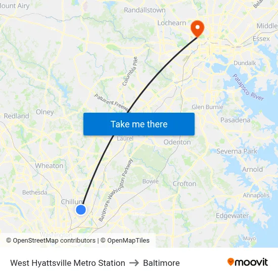 West Hyattsville Metro Station to Baltimore map