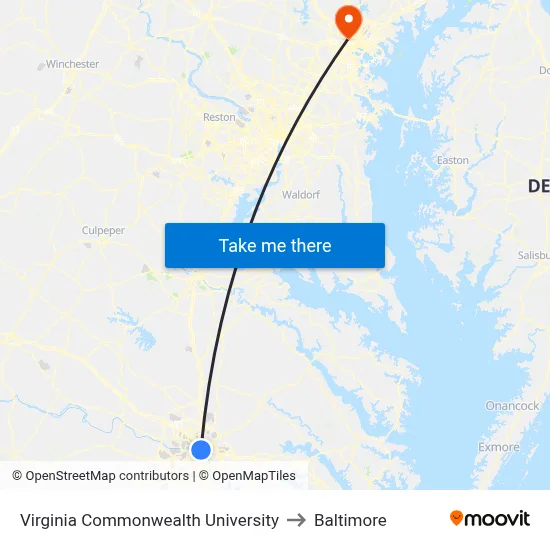 Virginia Commonwealth University to Baltimore map