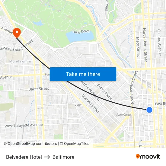 Belvedere Hotel to Baltimore map