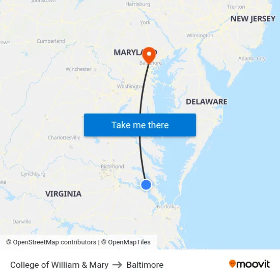 College of William & Mary to Baltimore map