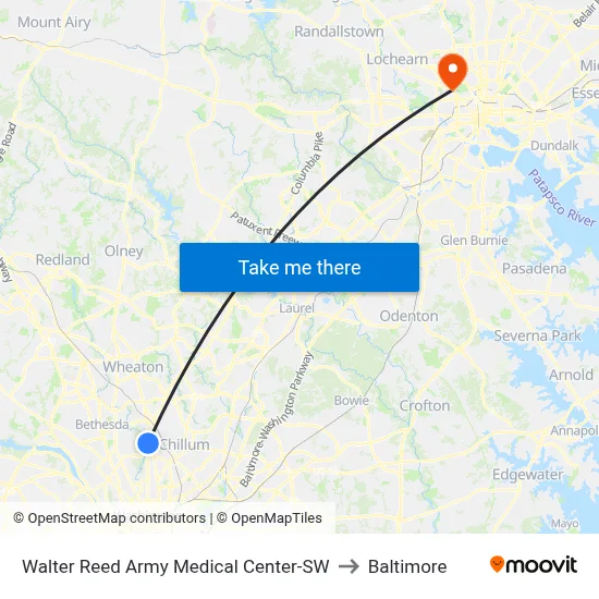 Walter Reed Army Medical Center-SW to Baltimore map