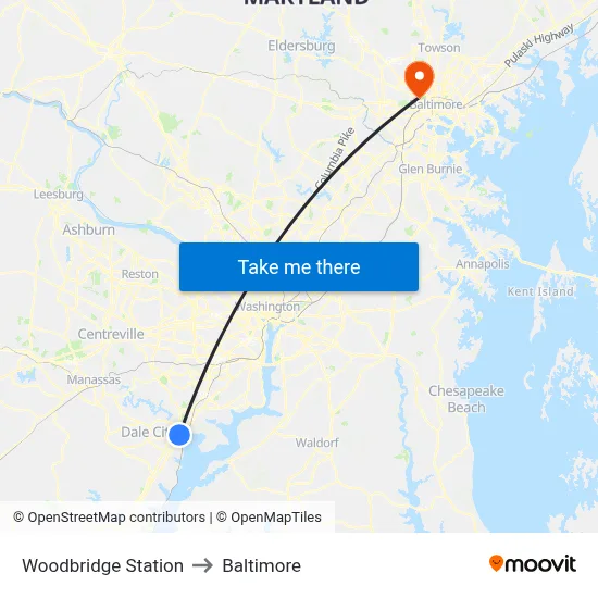 Woodbridge Station to Baltimore map