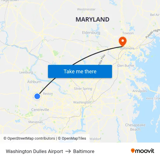 Washington Dulles Airport to Baltimore map