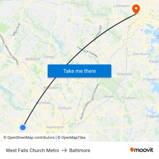 West Falls Church Metro to Baltimore map