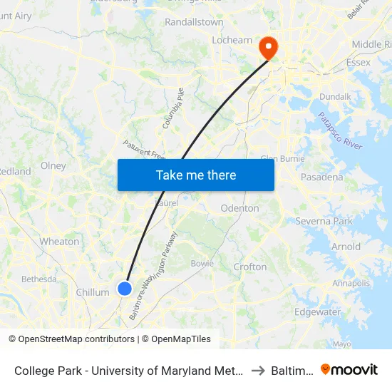 College Park - University of Maryland Metro Station to Baltimore map