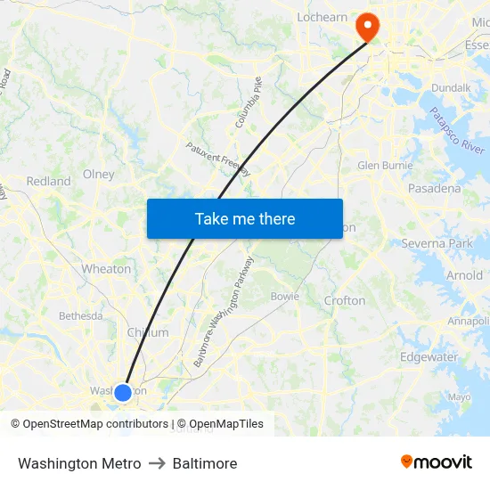 Washington Metro to Baltimore map