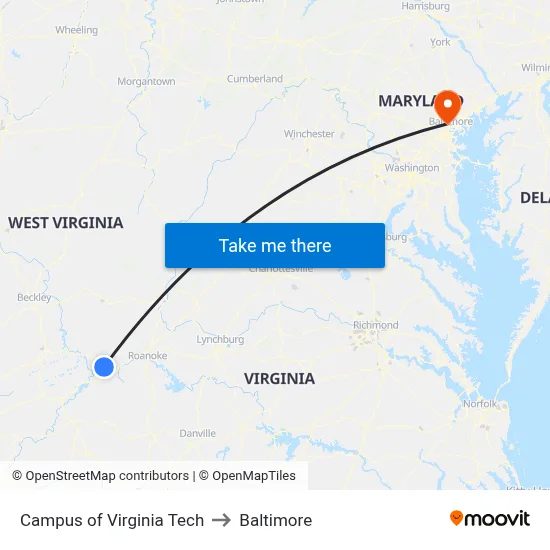 Campus of Virginia Tech to Baltimore map