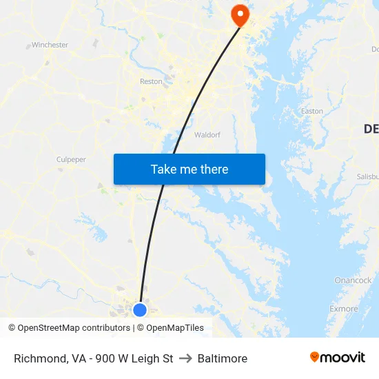 Richmond, VA - 900 W Leigh St to Baltimore map