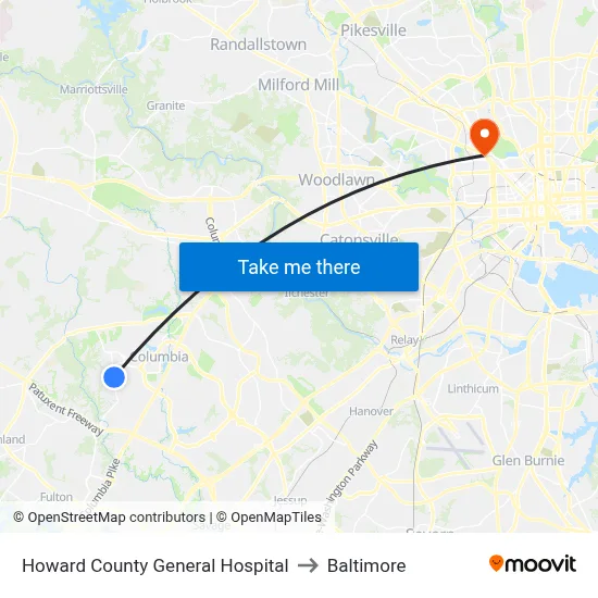 Howard County General Hospital to Baltimore map