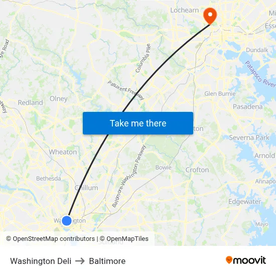 Washington Deli to Baltimore map