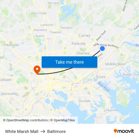 White Marsh Mall to Baltimore map
