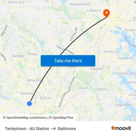 Tenleytown - AU Station to Baltimore map