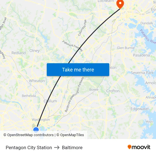 Pentagon City Station to Baltimore map