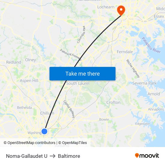Noma-Gallaudet U to Baltimore map