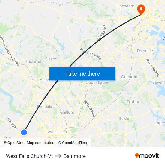 West Falls Church-Vt to Baltimore map