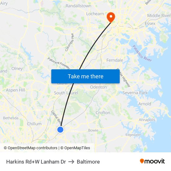 Harkins Rd+W Lanham Dr to Baltimore map