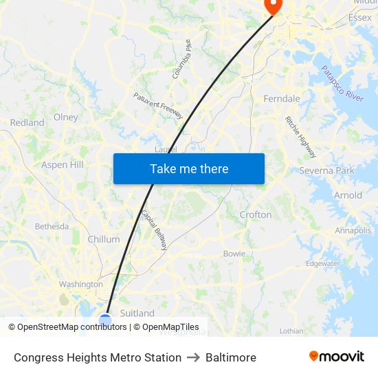 Congress Heights Metro Station to Baltimore map