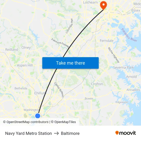 Navy Yard Metro Station to Baltimore map