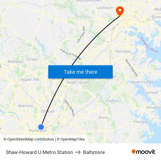 Shaw-Howard U Metro Station to Baltimore map