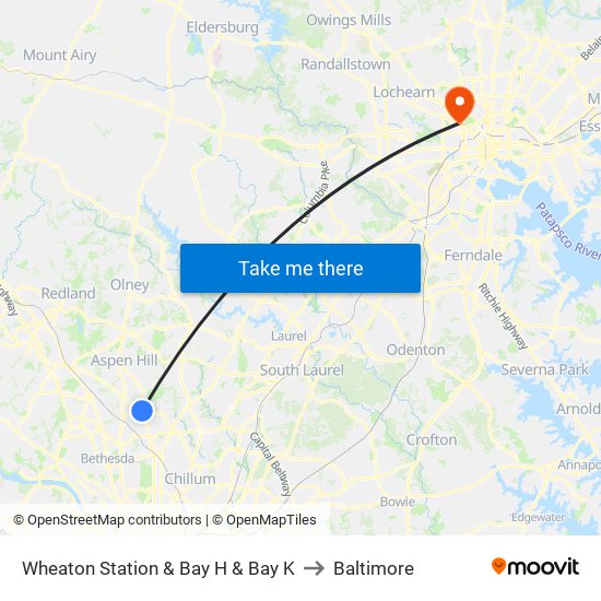 Wheaton Station  & Bay H & Bay K to Baltimore map