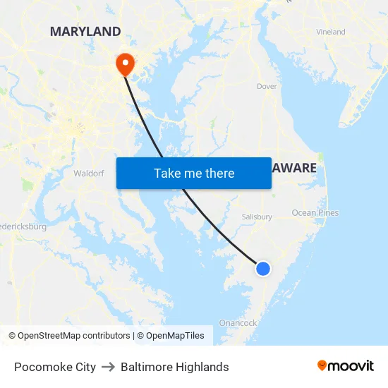 Pocomoke City to Baltimore Highlands map