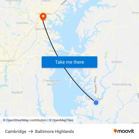Cambridge to Baltimore Highlands map