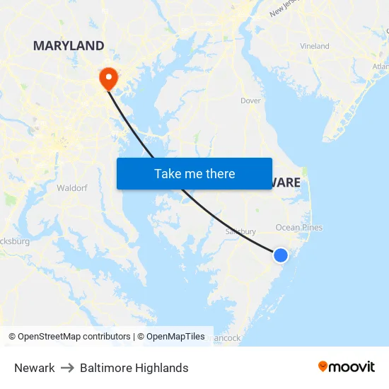 Newark to Baltimore Highlands map
