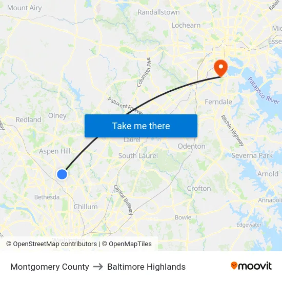 Montgomery County to Baltimore Highlands map