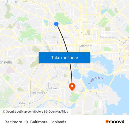Baltimore to Baltimore Highlands map