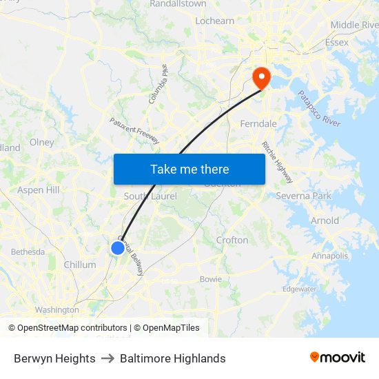 Berwyn Heights to Baltimore Highlands map