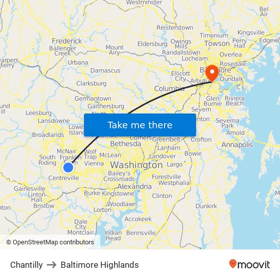 Chantilly to Baltimore Highlands map