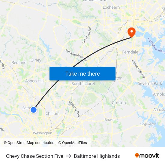 Chevy Chase Section Five to Baltimore Highlands map