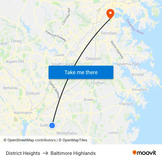 District Heights to Baltimore Highlands map
