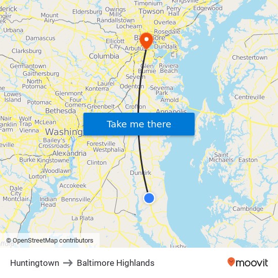 Huntingtown to Baltimore Highlands map