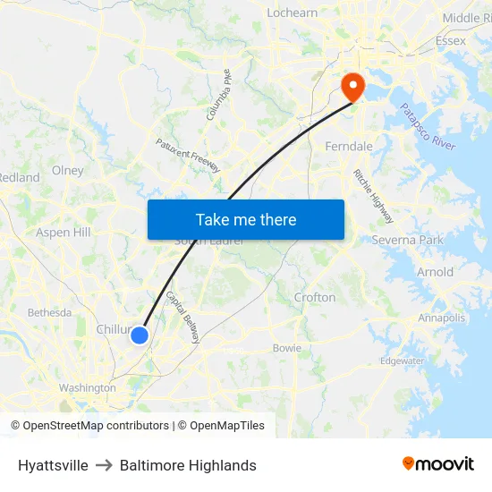 Hyattsville to Baltimore Highlands map